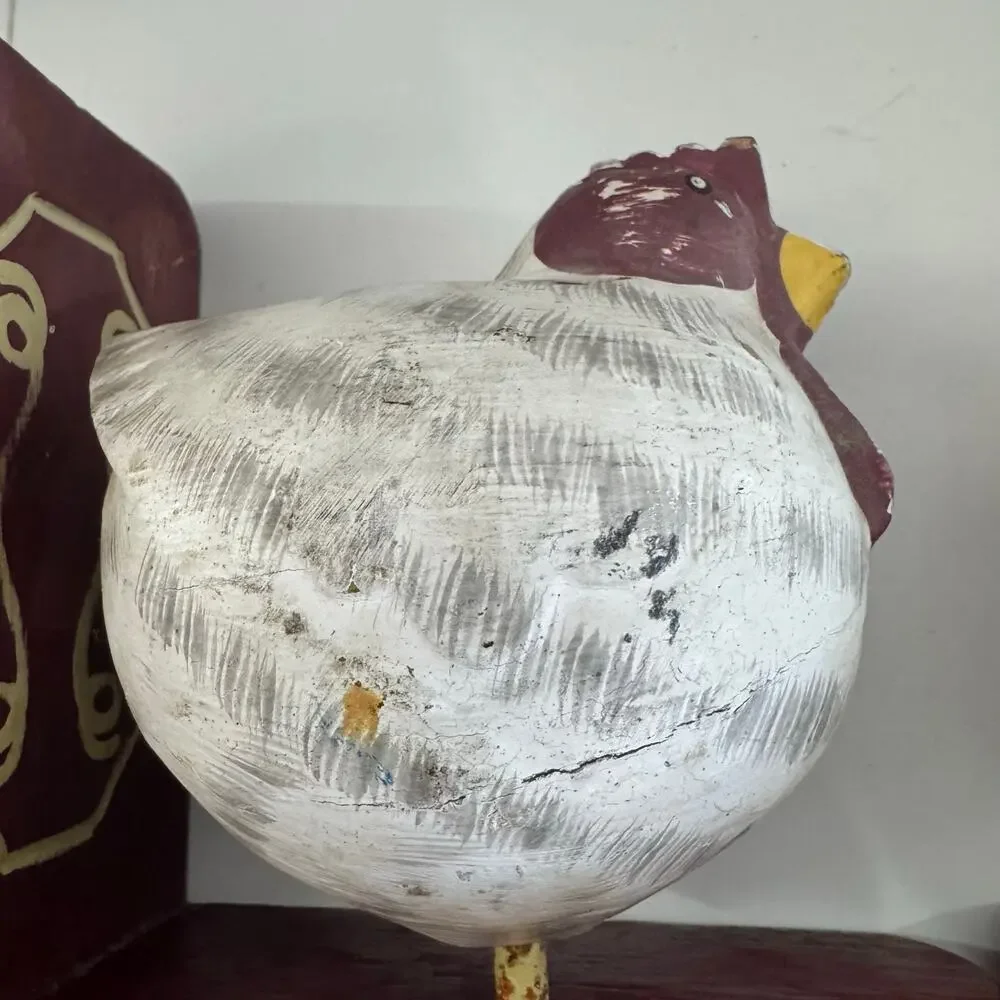 Chicken Bookends, Hand Carved Painted Wood - Bead and Tail